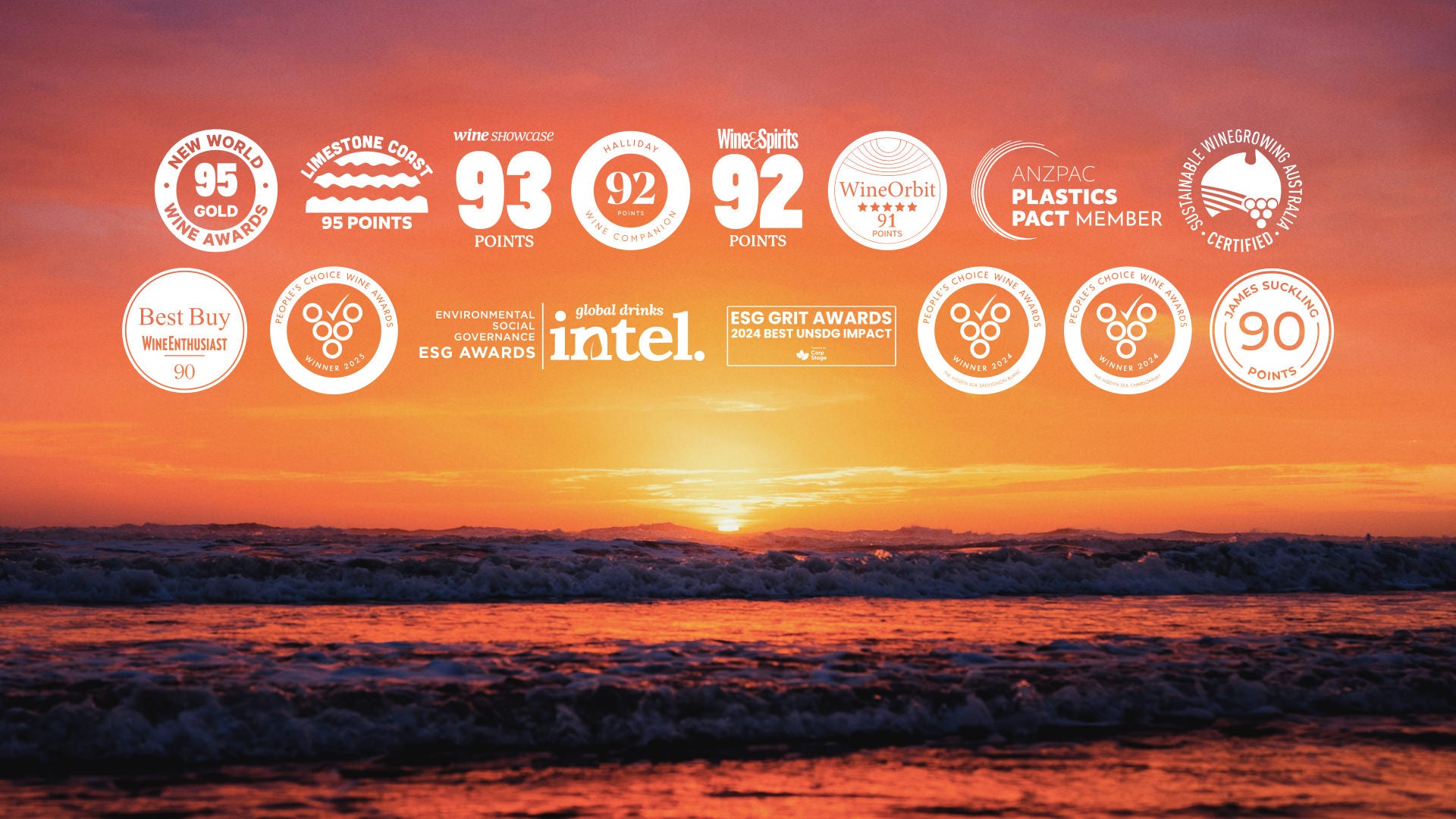 Award and certification badges over a sunset sky above the ocean, highlighting multiple wine scores and accolades plus sustainability marks including ANZPAC Plastics Pact Member and Sustainable Winegrowing Australia certified.